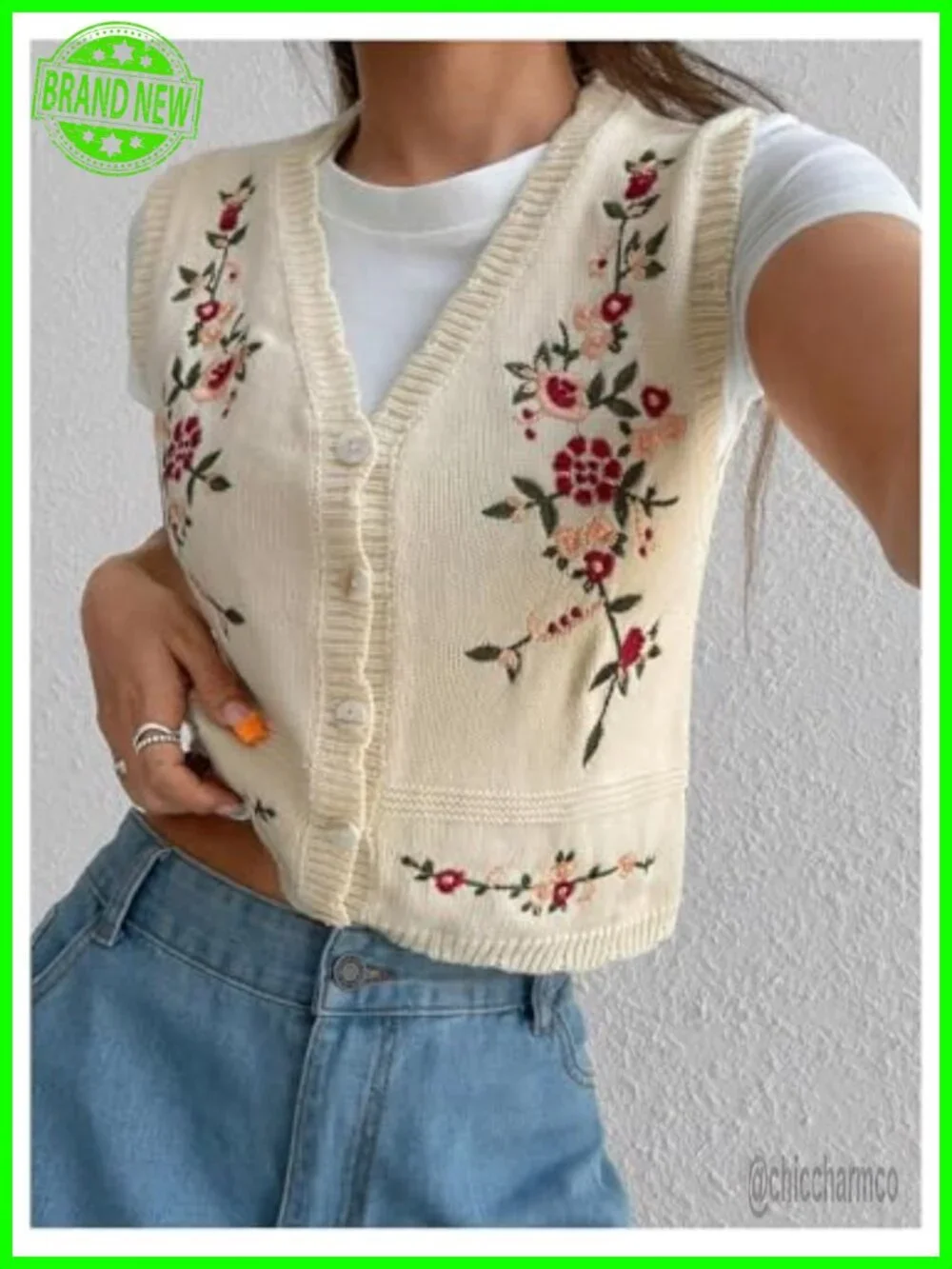 Women's Sleeveless Sweater Vest Floral Embroidered Knit Cardigan